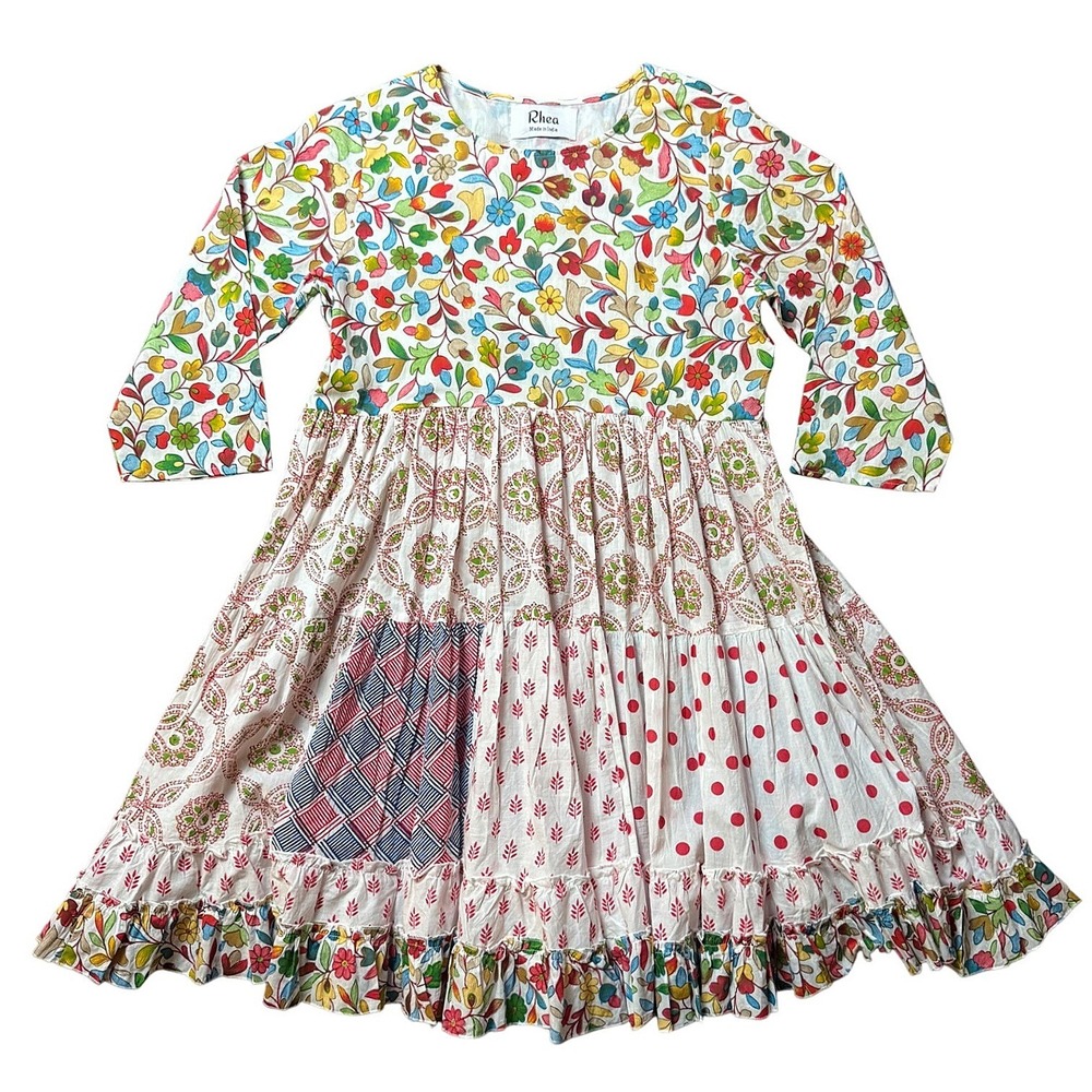 Rhea Multi Pattern Floral Patchwork Cotton Midi Dress Small NWT‎ Boho Handmade